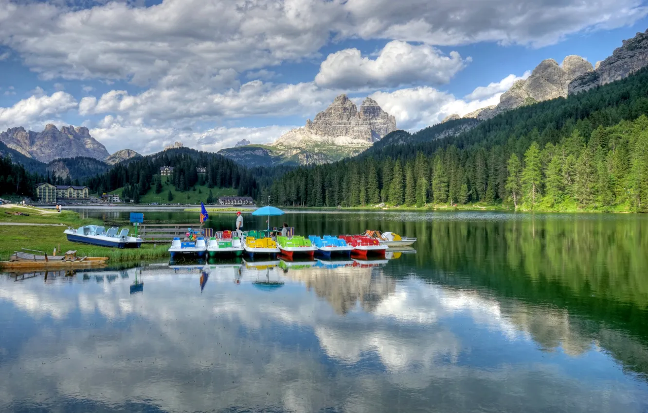 Photo wallpaper trees, mountains, lake, boat, Italy, Misurina