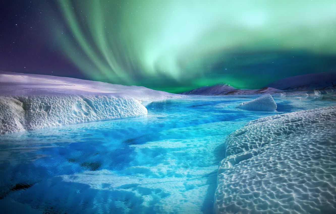 Photo wallpaper ice, winter, snow, mountains, hills, shore, Northern lights, glacier