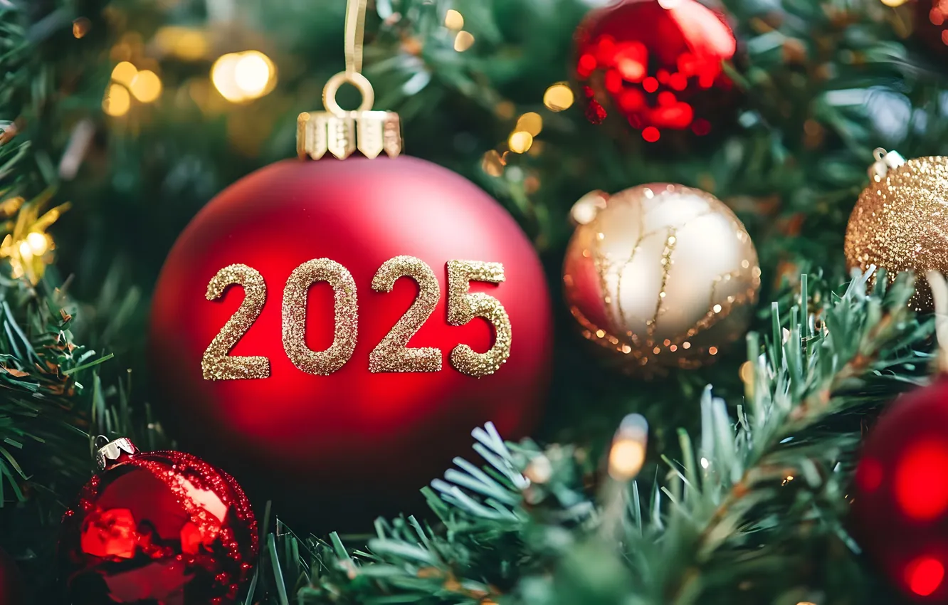 Photo wallpaper balls, branches, red, balls, new year, figures, gold, garland