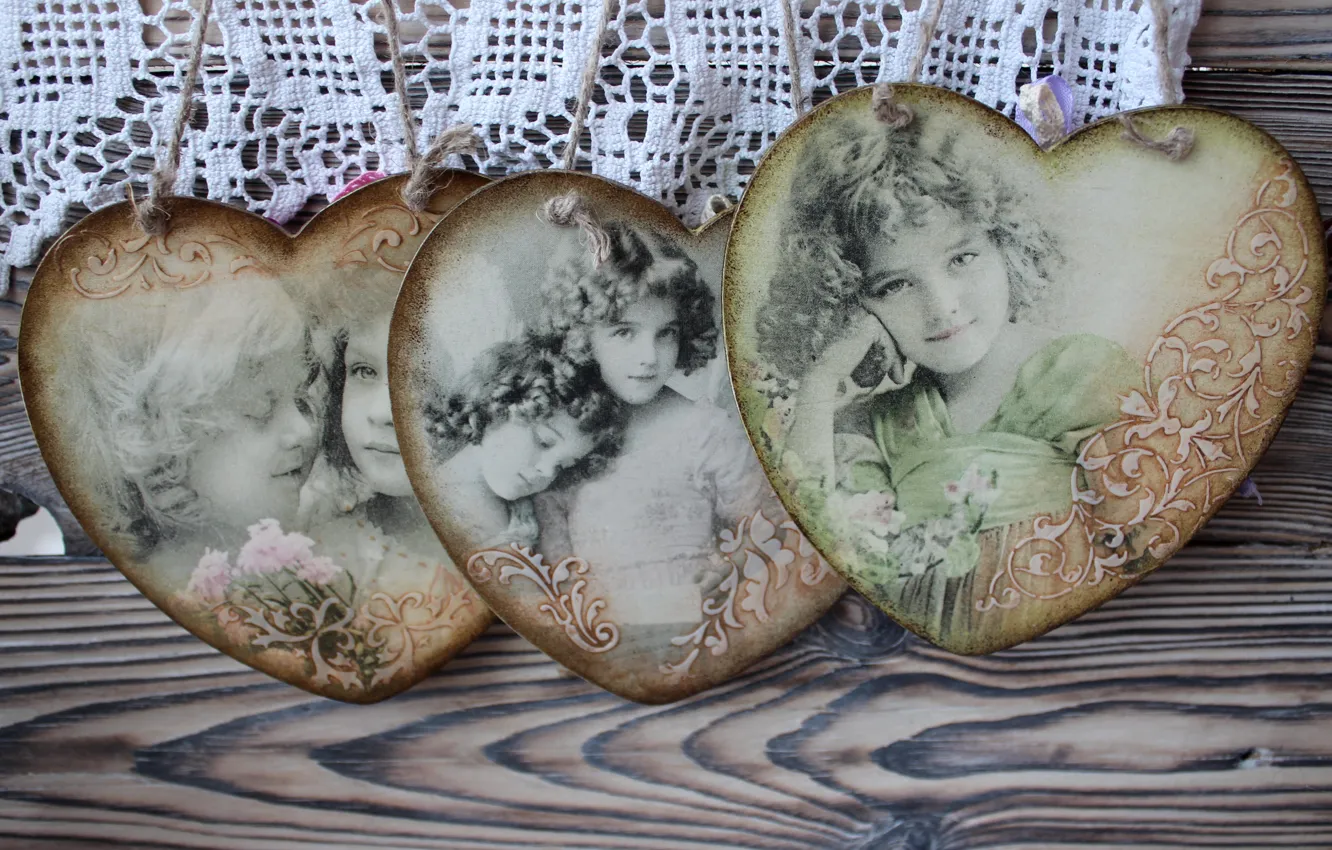 Photo wallpaper girls, heart, vintage, decoupage