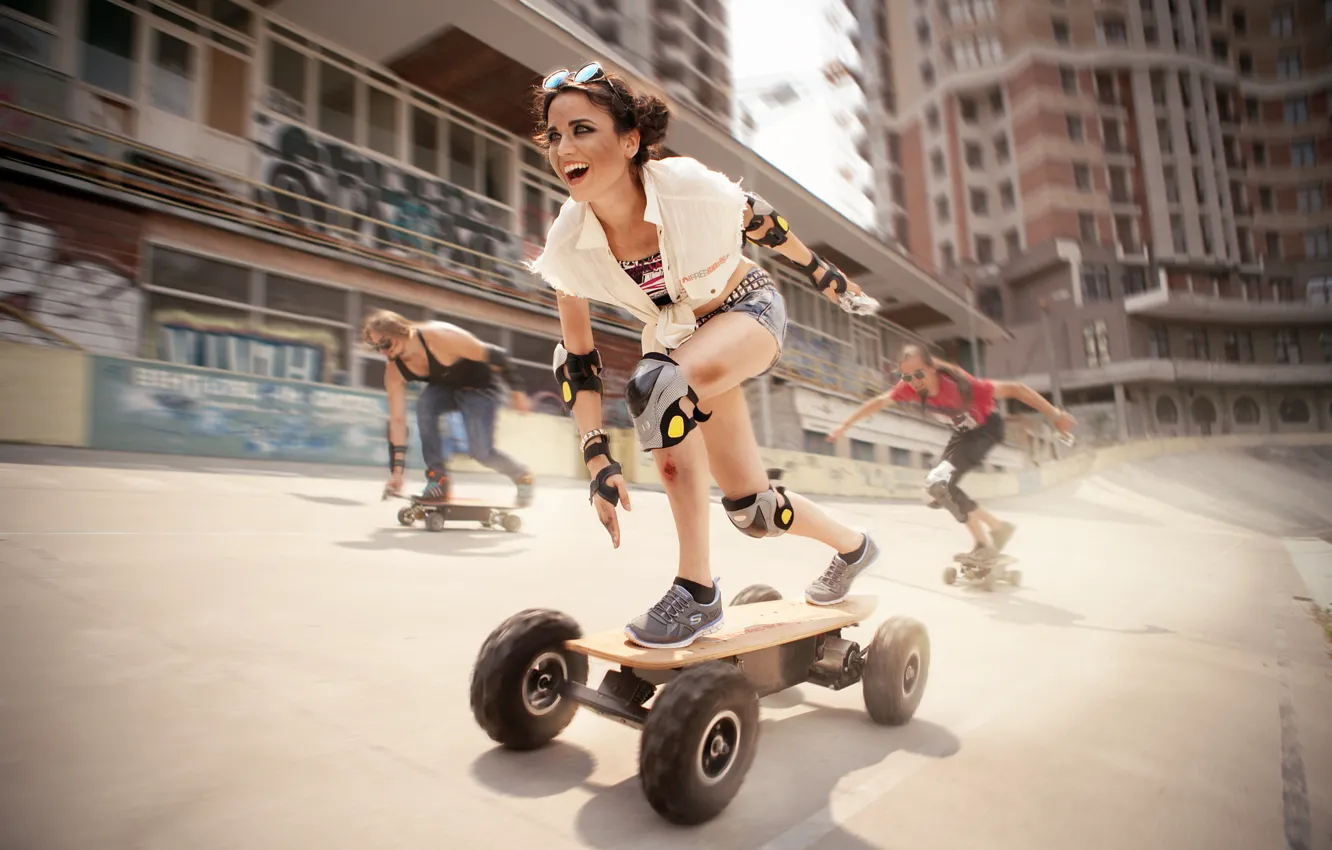 Photo wallpaper girl, movement, sport, speed, protection, Board, skate, skateboard