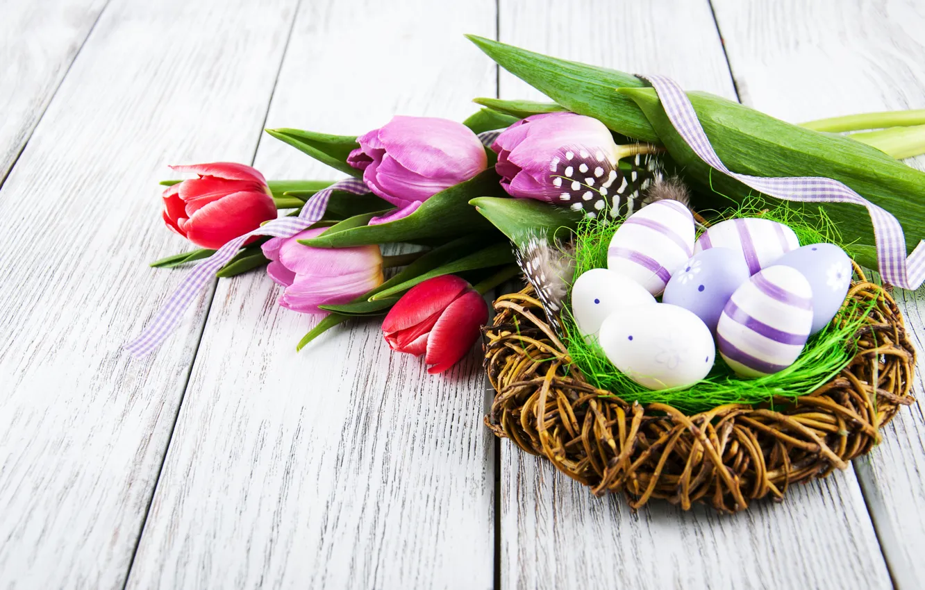 Photo wallpaper flowers, eggs, colorful, Easter, tulips, wood, pink, flowers