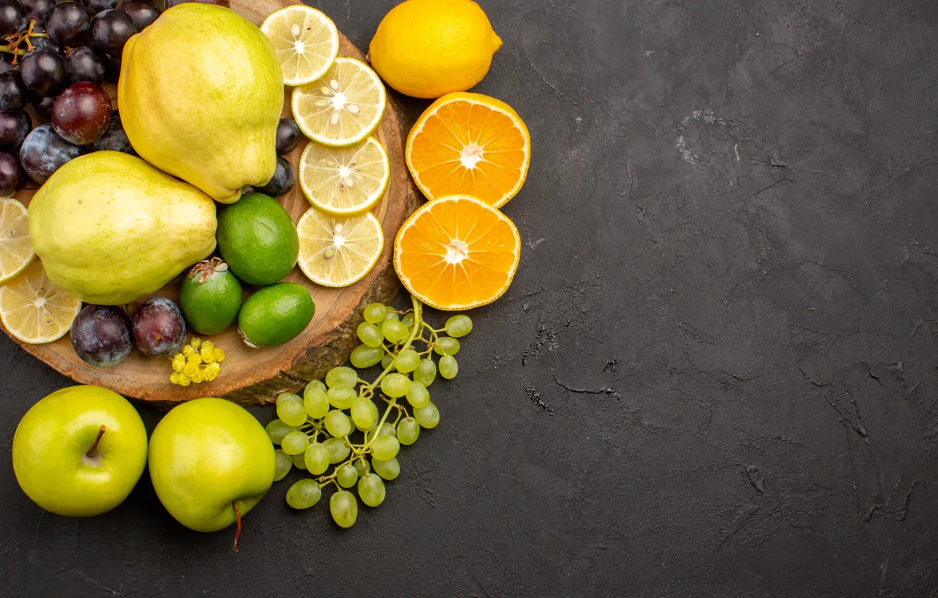 Photo wallpaper grapes, fruit, different, quince