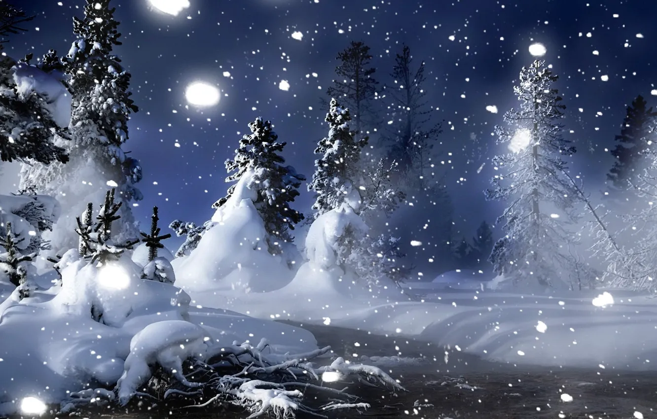 Photo wallpaper winter, snow, trees, night, river, tree