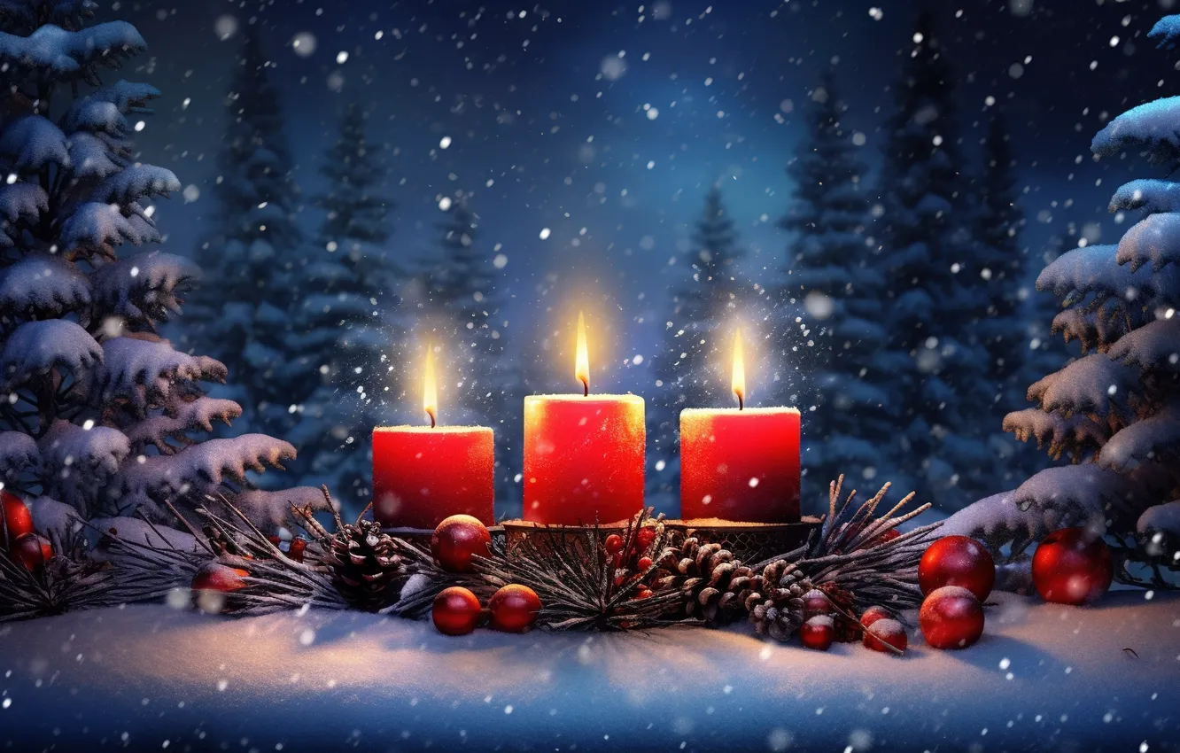 Photo wallpaper winter, snow, decoration, night, balls, tree, new year, candles