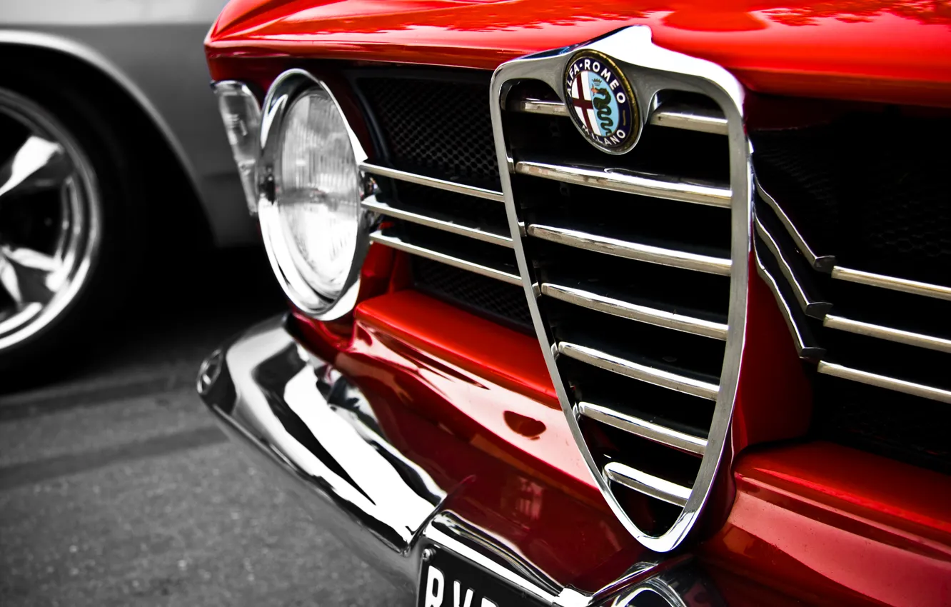 Photo wallpaper macro, red, Alfa Romeo, red, logo, Alfa Romeo, macro
