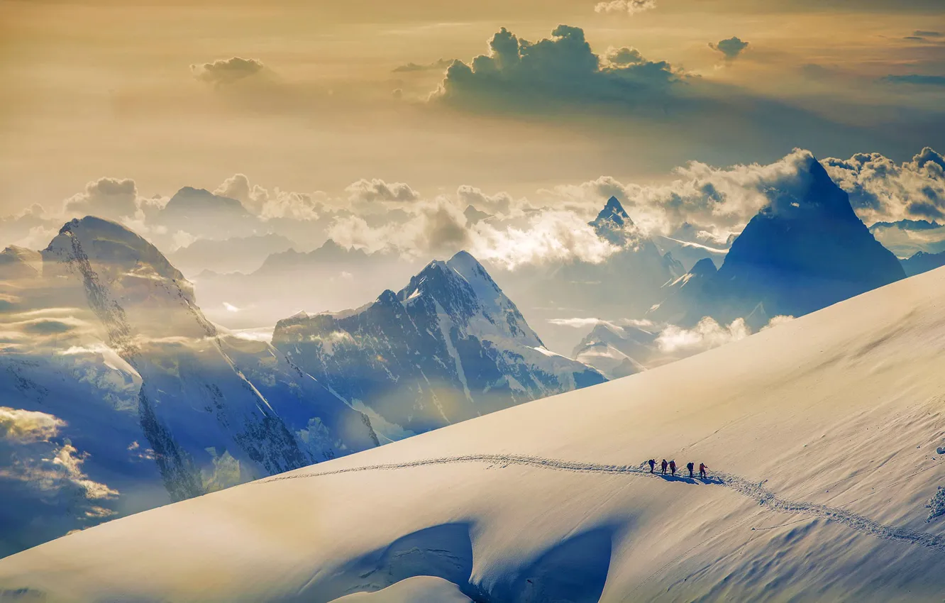 Photo wallpaper snow, mountain, Switzerland, climbers, Jungfrau, The Bernese Alps