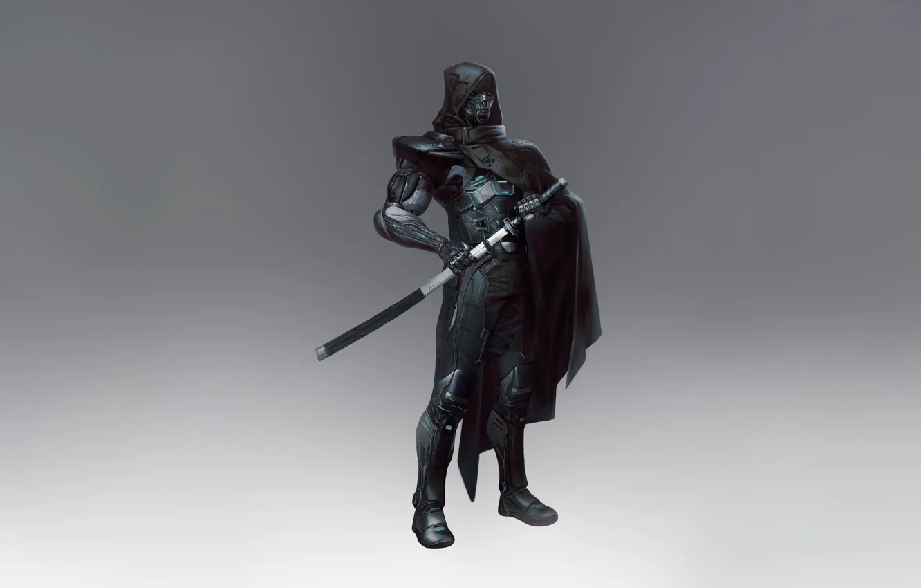 Photo wallpaper art, katana, ninja, assassin, Illustration, Minimalism, Cyberpunk, Creatures