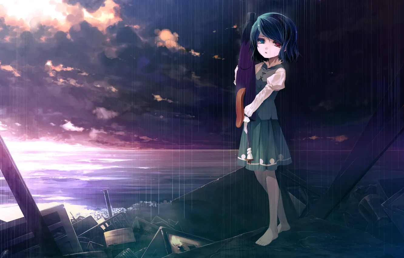 Photo wallpaper the sky, girl, clouds, sunset, rain, art, touhou, heterochromia