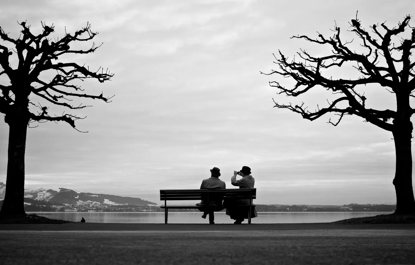 Photo wallpaper woman, man, couple, bench, sitting