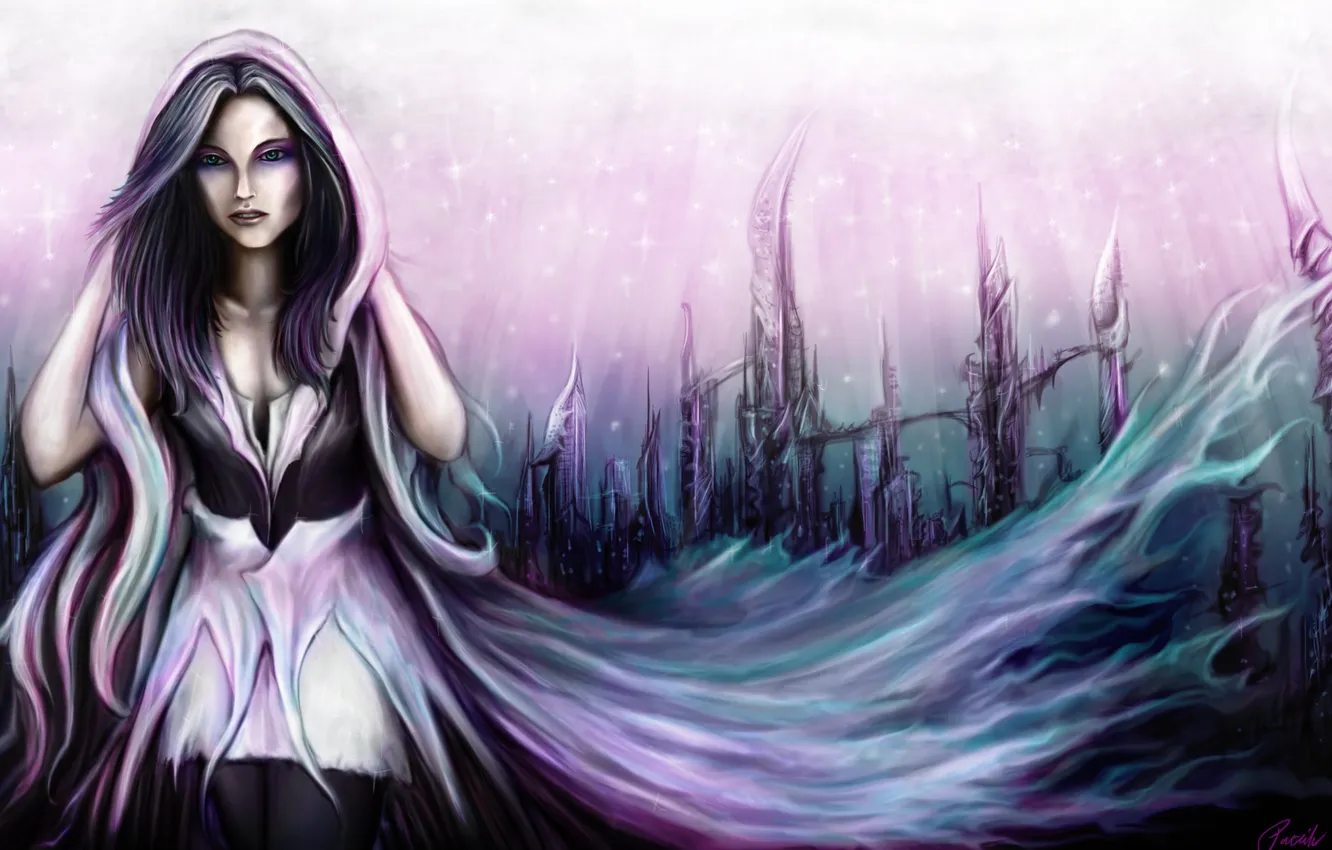 Photo wallpaper eyes, look, girl, face, green, fiction, hair, cloak