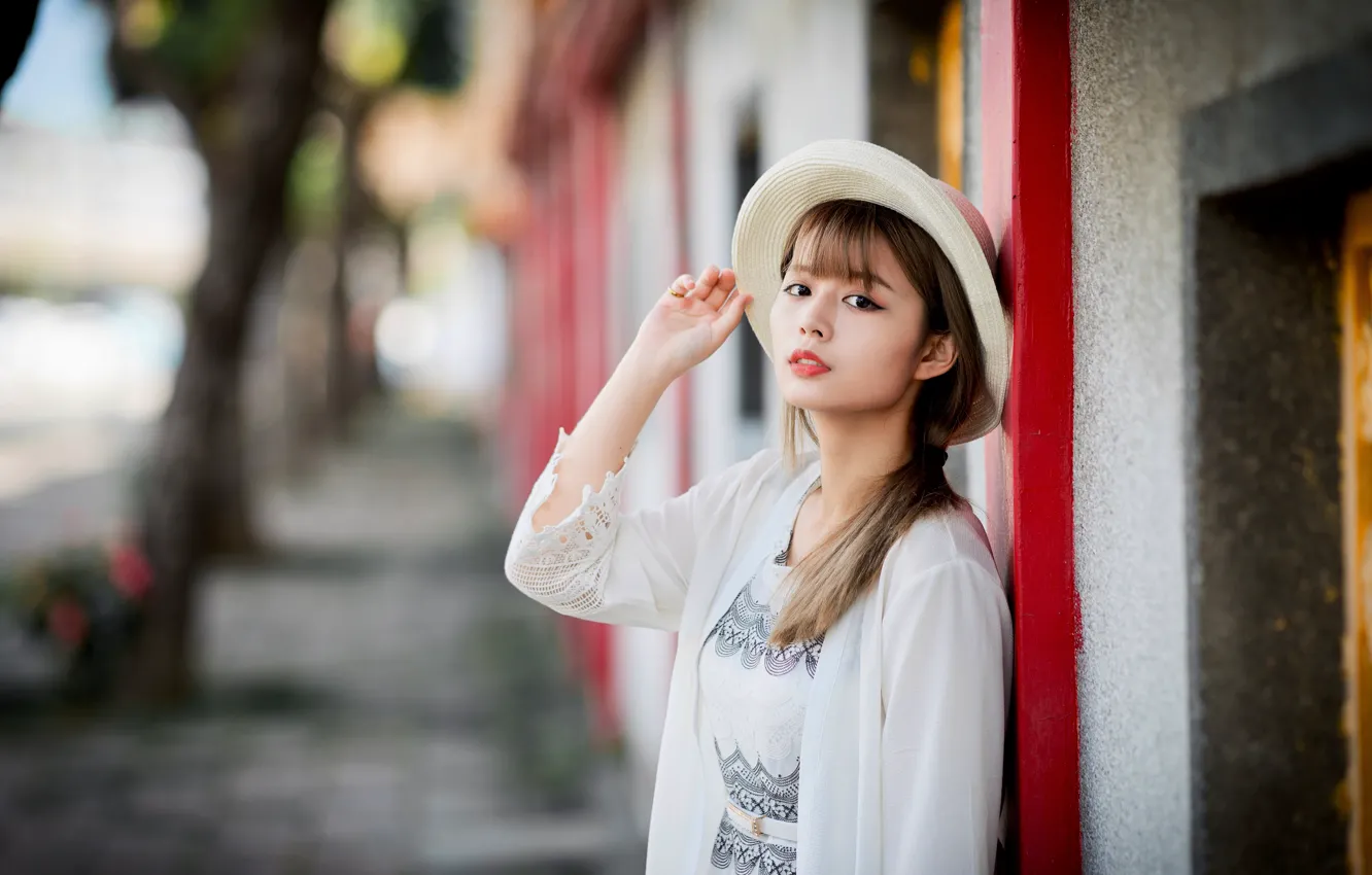 Photo wallpaper look, girl, hat, Asian, cutie, bokeh