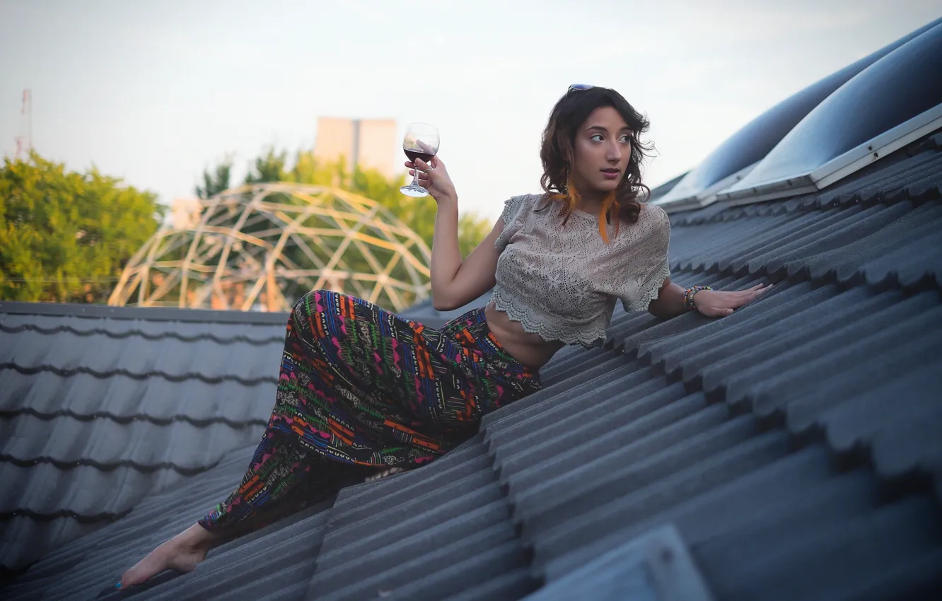 Photo wallpaper roof, girl, wine