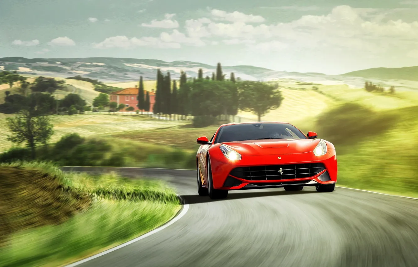 Photo wallpaper hills, Ferrari, red, Ferrari, red, front, Berlinetta, Berlinetta