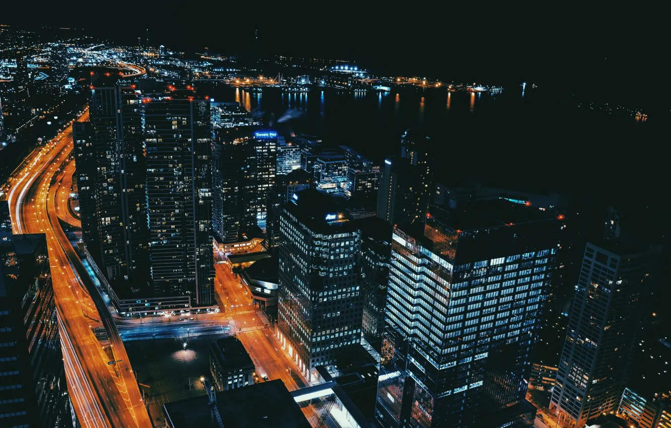 Photo wallpaper road, night, city, the city, movement, height, road, night