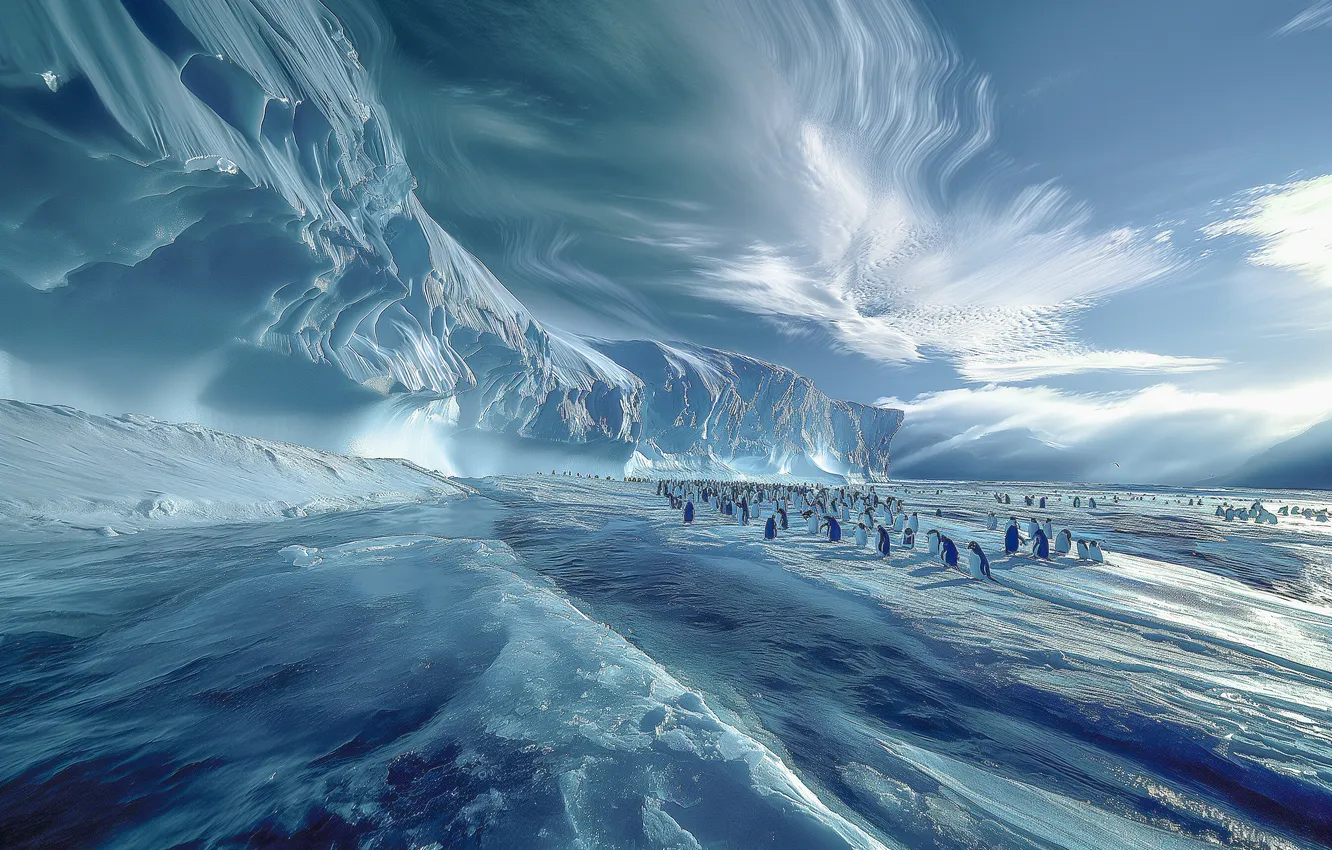 Photo wallpaper ice, winter, snow, bird, pack, penguins, glacier, iceberg