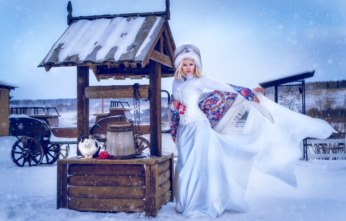 Photo wallpaper winter, cat, hat, dress, blonde, well, corset, shawl