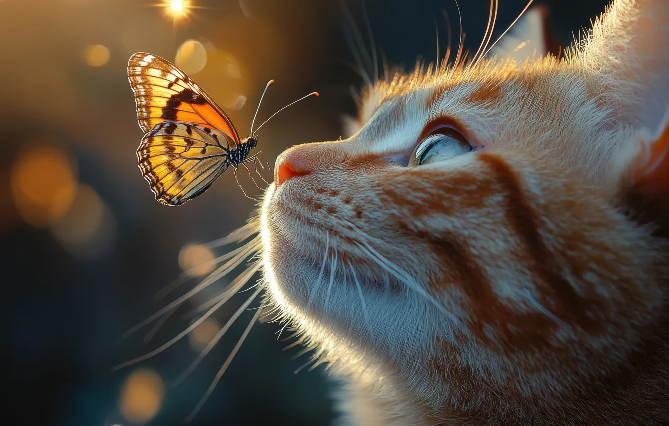Photo wallpaper cat, summer, cat, look, light, pose, the dark background, butterfly