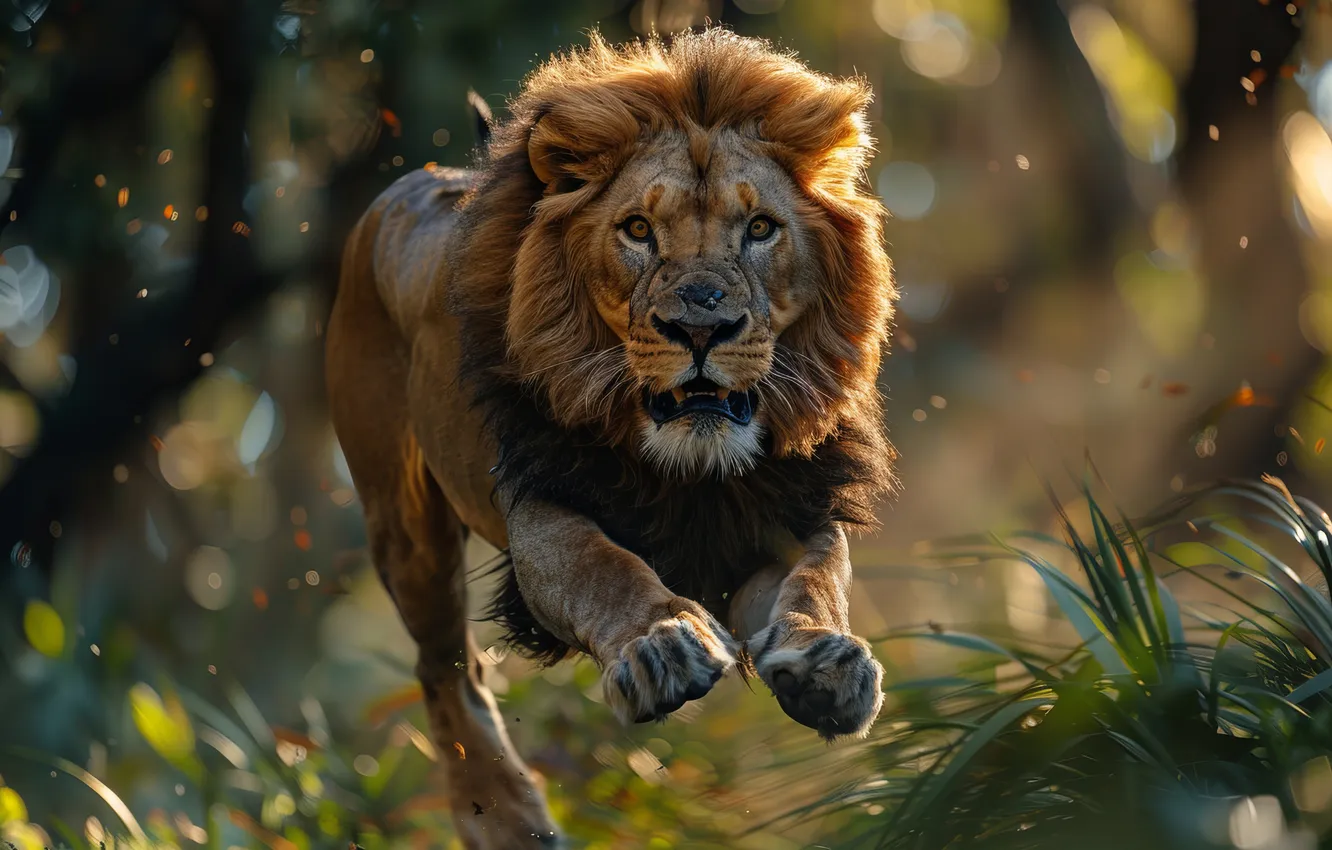 Photo wallpaper grass, look, trees, jump, predator, Leo, big cat, digital art