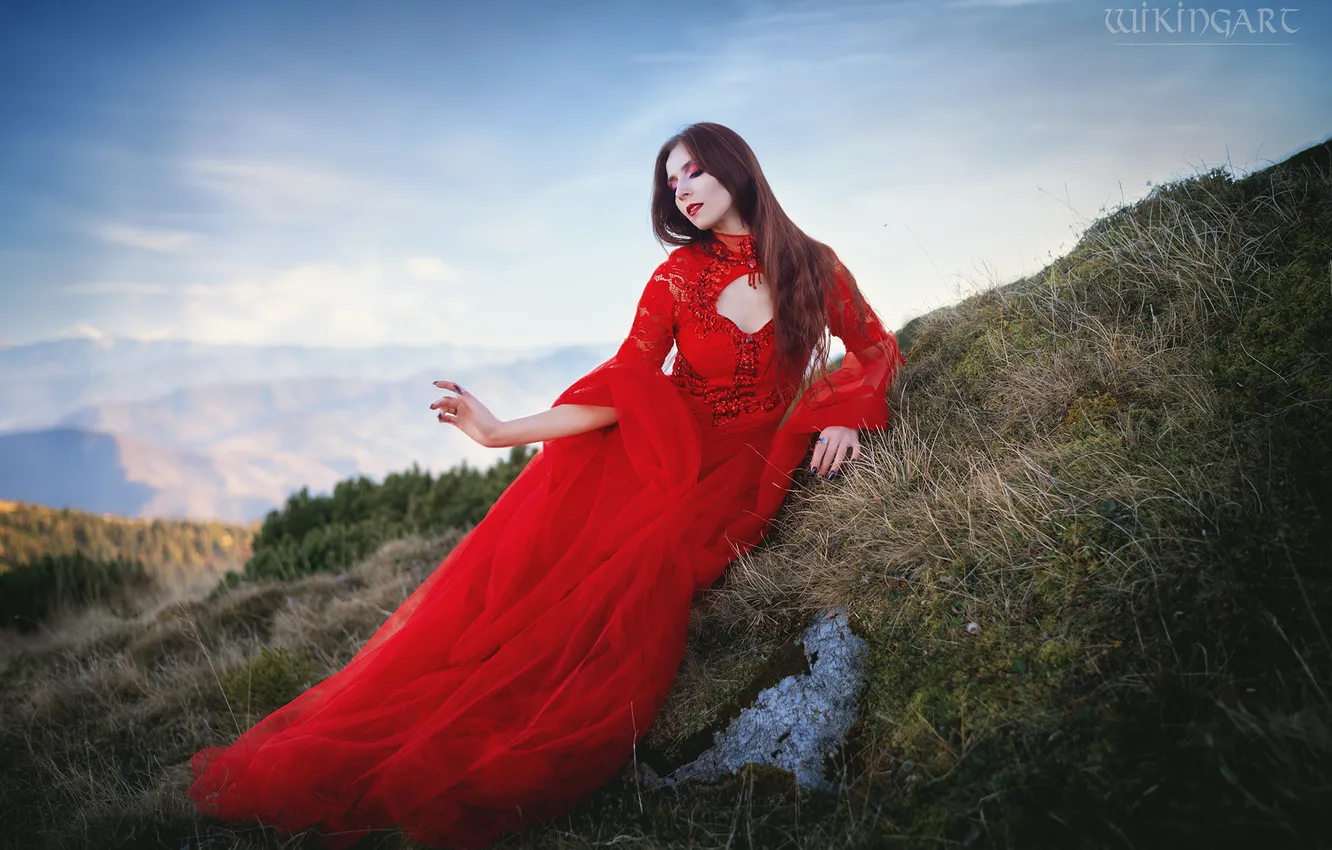 Photo wallpaper the sky, look, girl, clouds, mountains, red, nature, pose