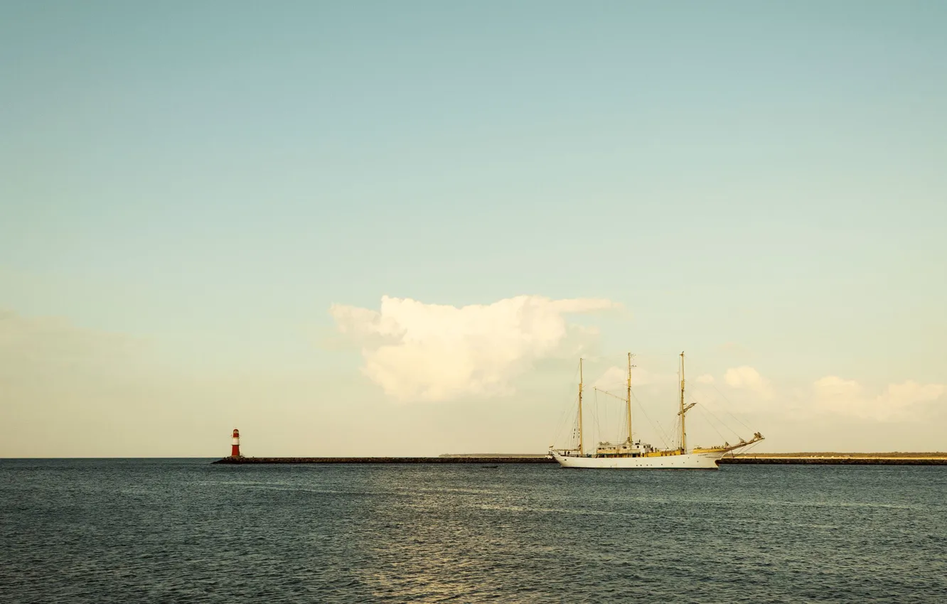 Photo wallpaper sea, the sky, shore, lighthouse, ship, sailboat, cloud