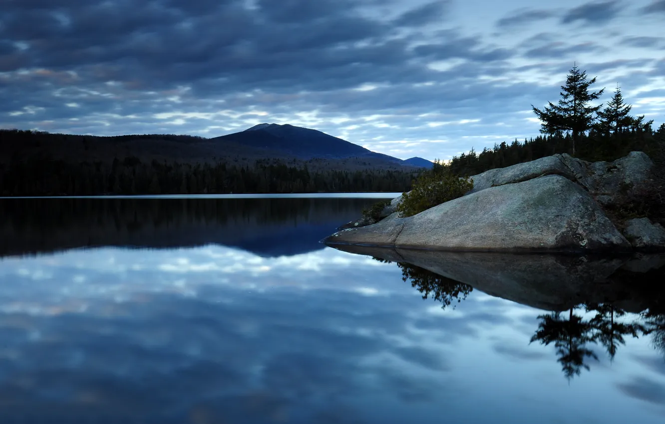 Photo wallpaper forest, the sky, clouds, mountains, lake, reflection, stones