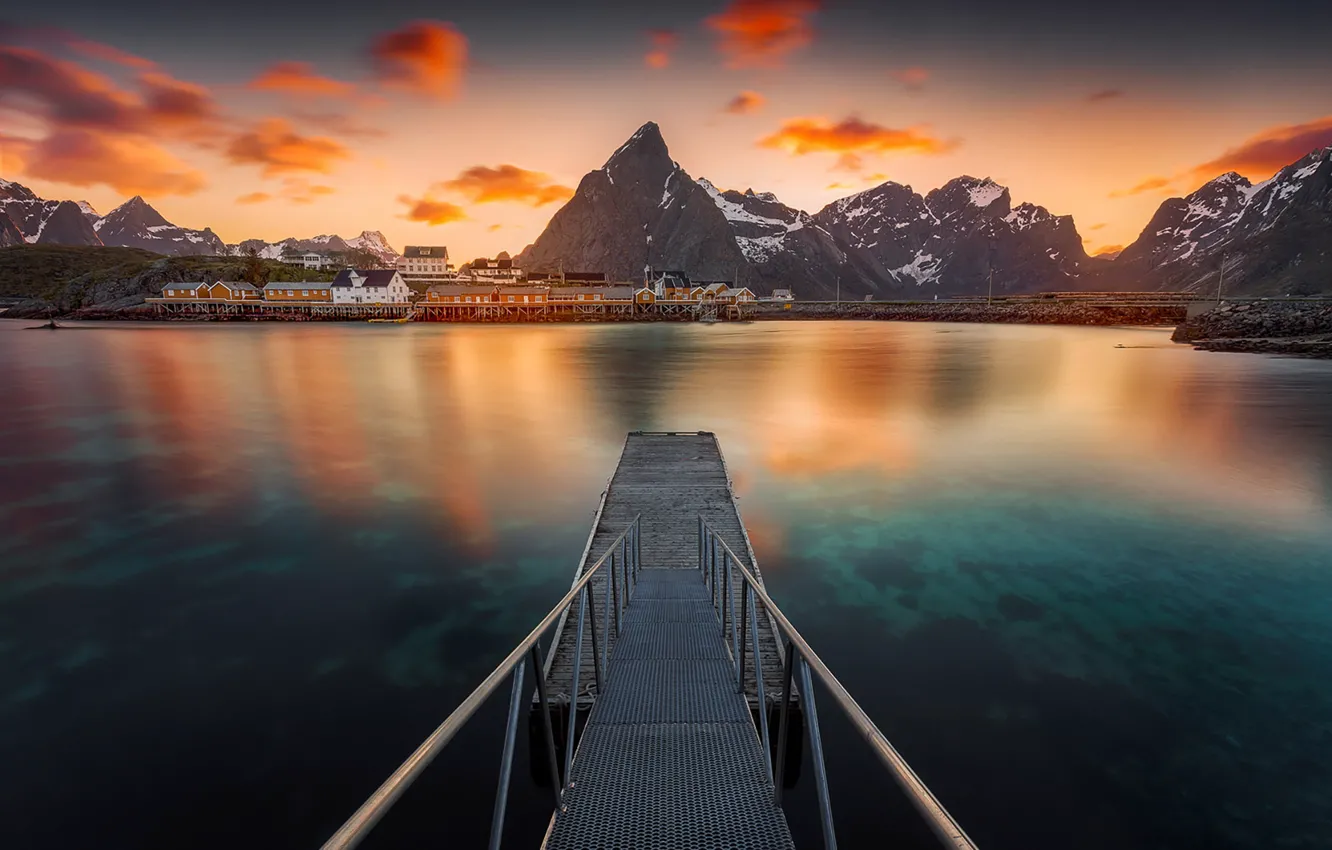 Photo wallpaper sea, sunset, mountains, island, Norway, pierce