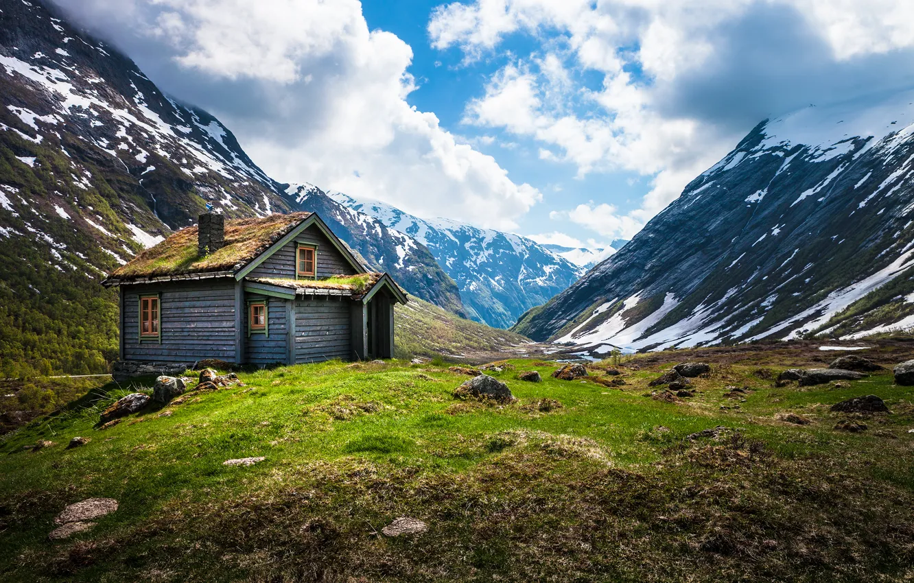 Photo wallpaper mountains, Norway, hut, Norway