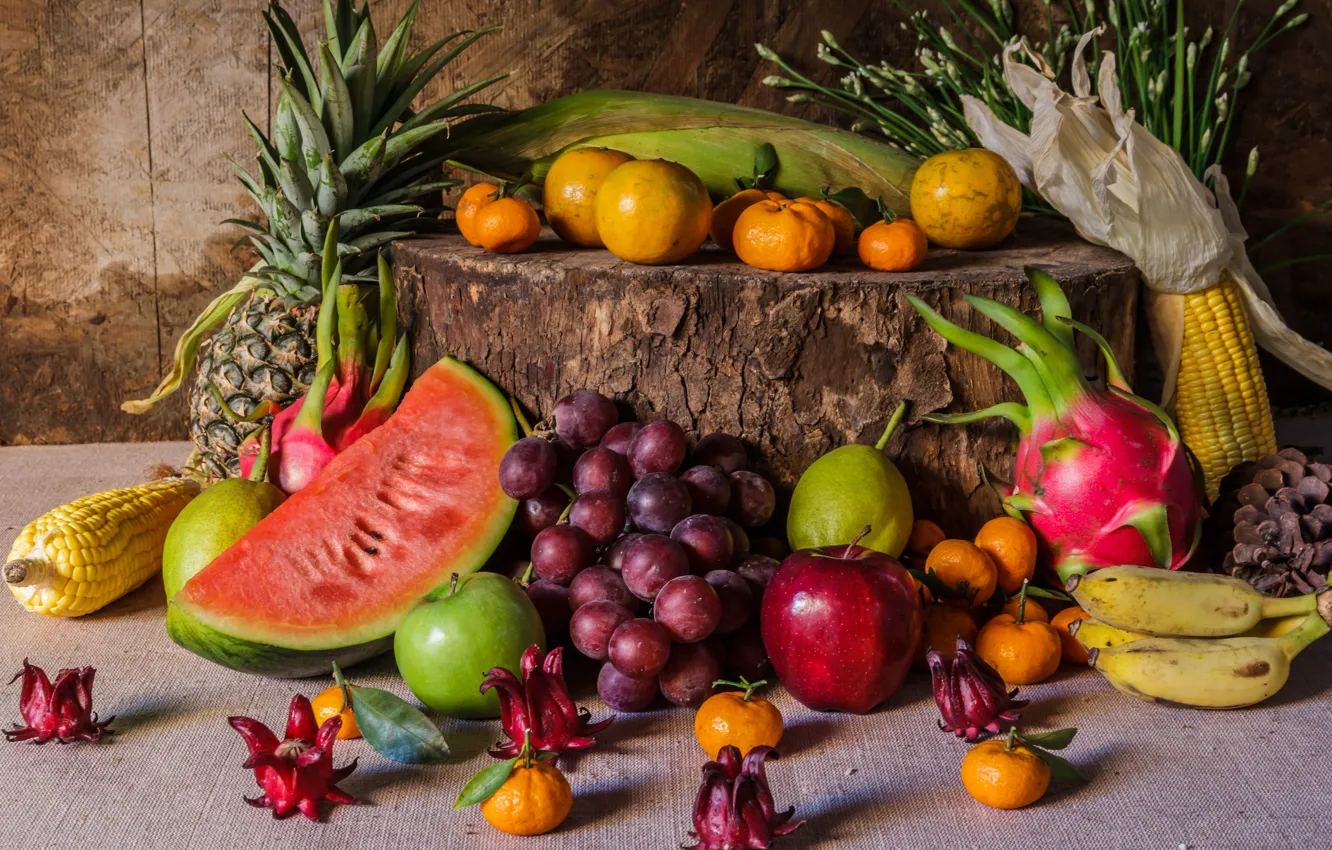 Photo wallpaper flowers, apples, grapes, fruit, still life, vegetables, pear, flowers