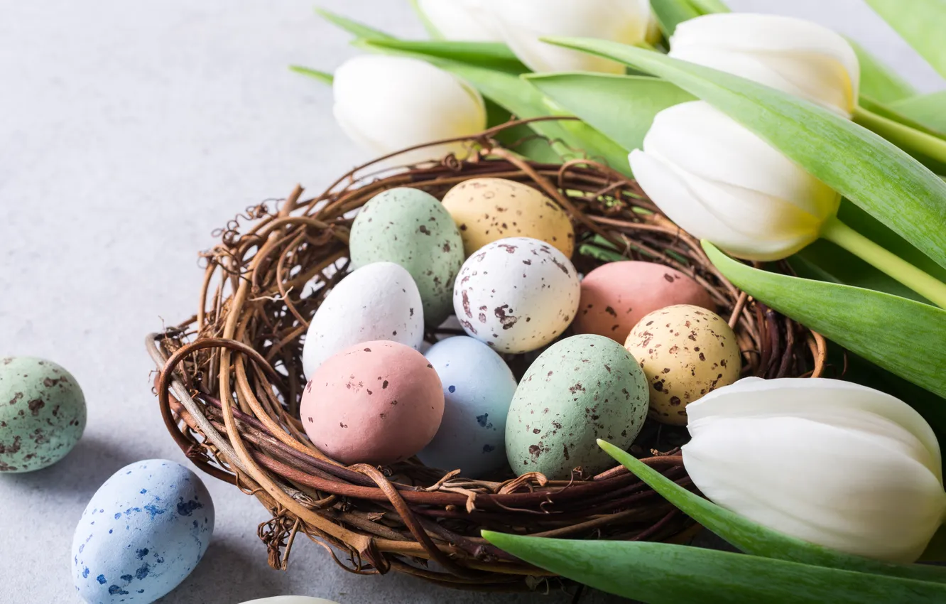 Photo wallpaper flowers, eggs, spring, Easter, tulips, white, flowers, tulips