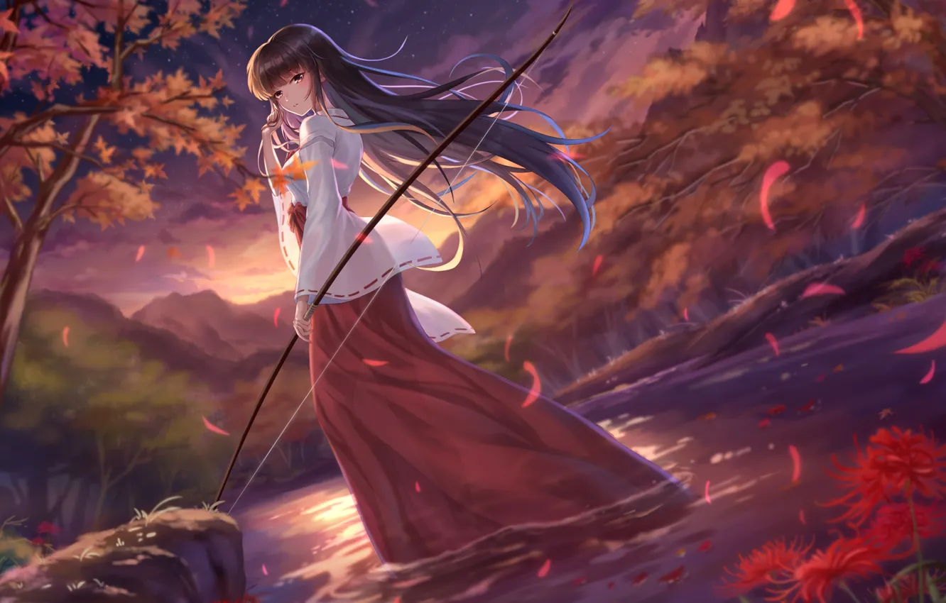 Photo wallpaper Anime, trees, nature, anime, flowers, stars, digital art, archer