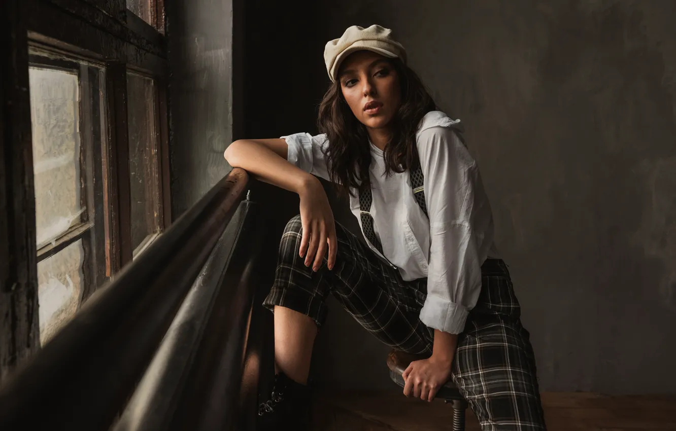 Photo wallpaper girl, pose, window, blouse, cap, braces, Andrew Boldyshev