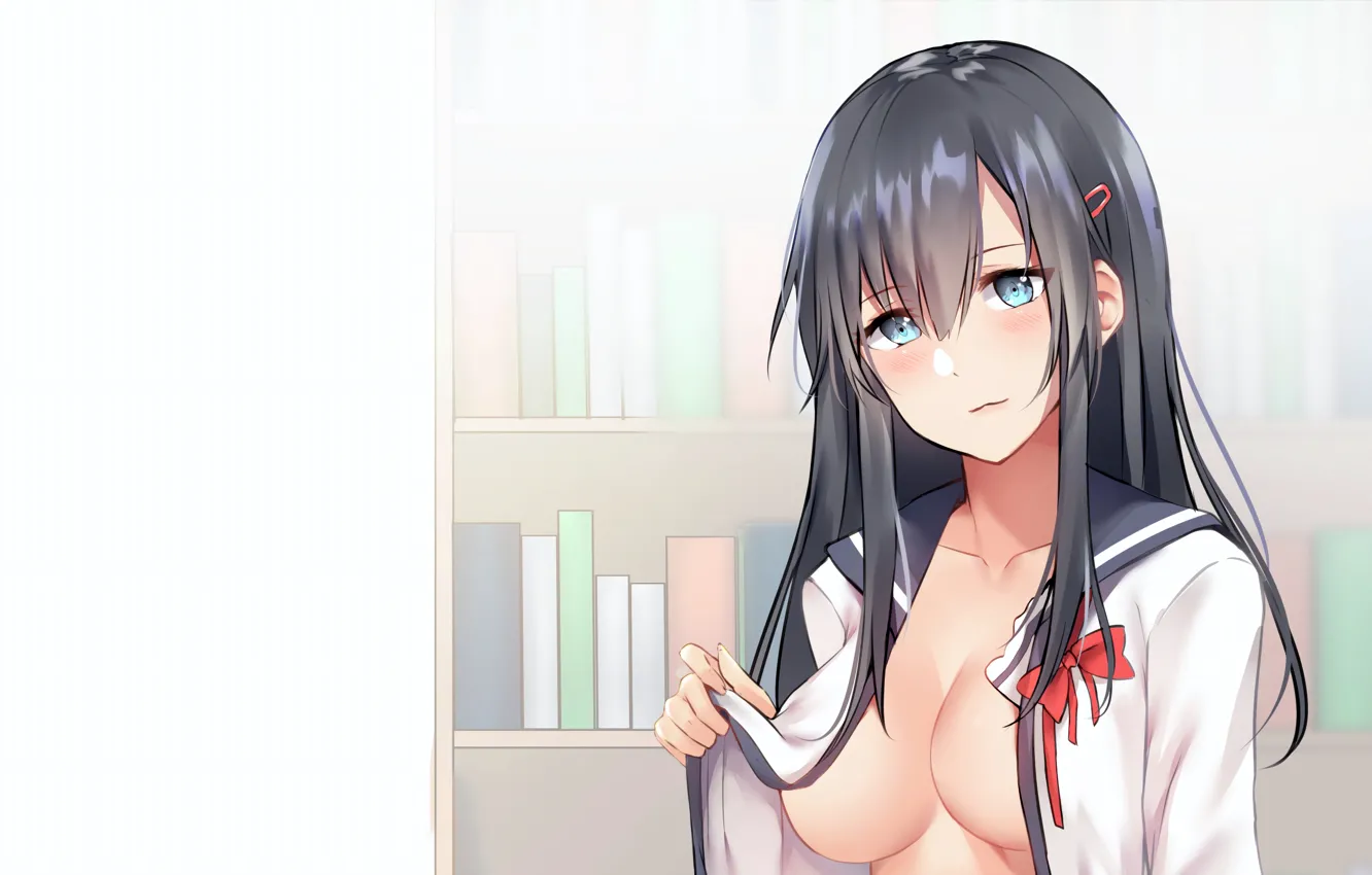 Photo wallpaper girl, sexy, cleavage, school uniform, long hair, boobs, anime, beautiful
