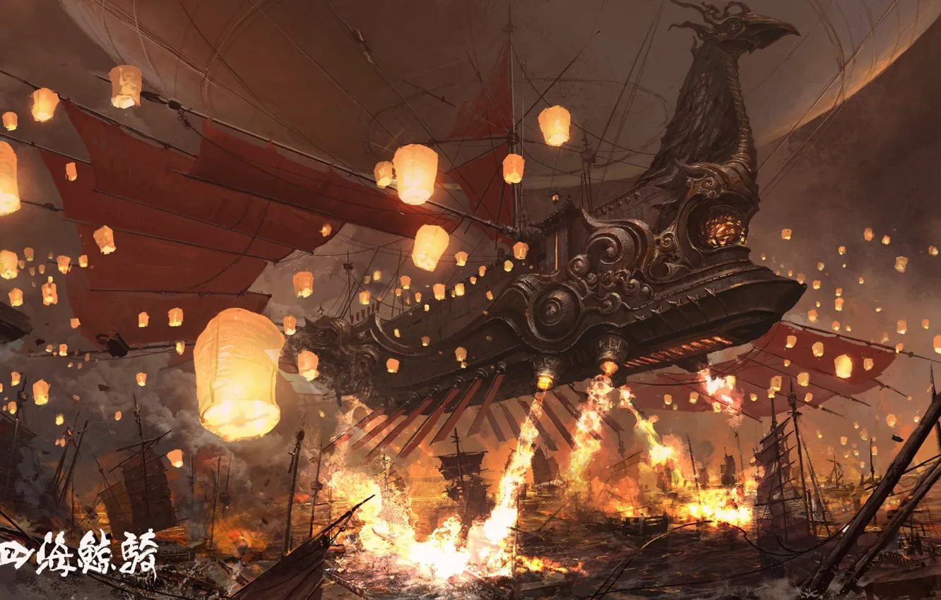 Photo wallpaper fire, ships, lights, the battle, asset