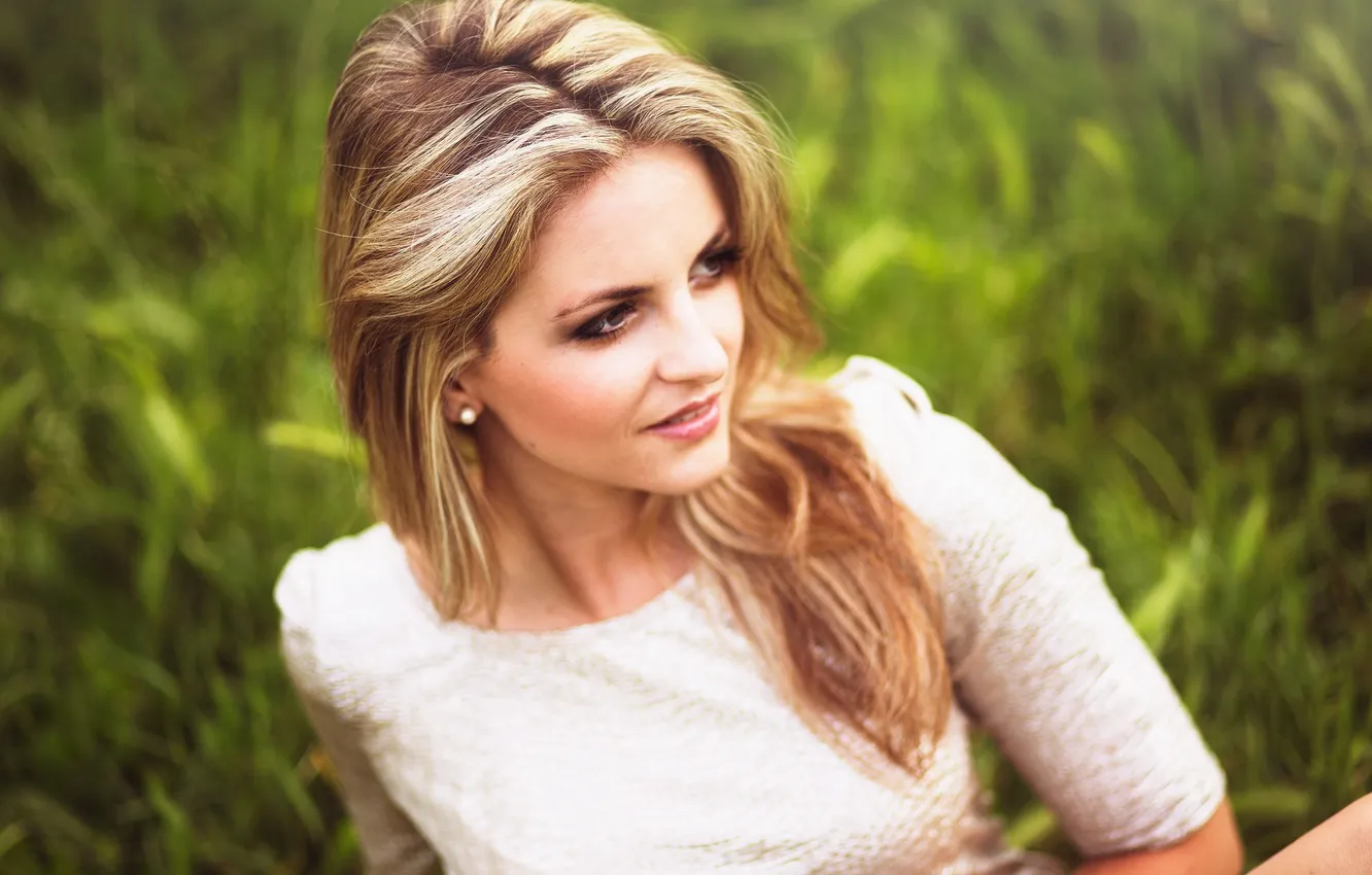 Photo wallpaper grass, girl, blonde, looks