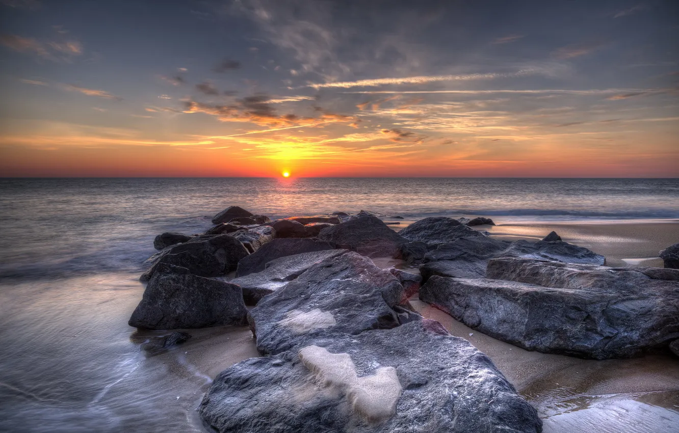 Photo wallpaper sea, landscape, sunset, stones