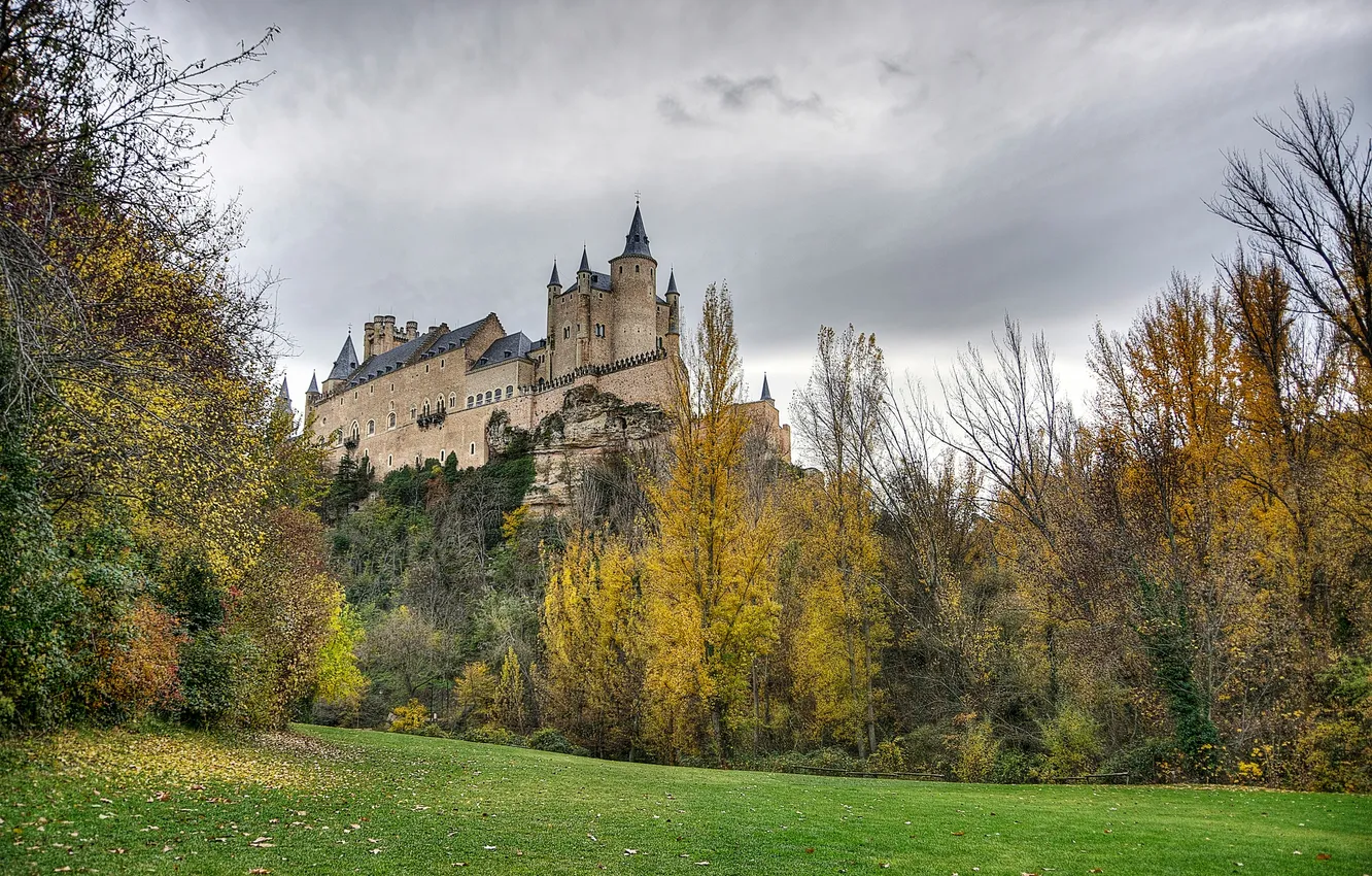 Photo wallpaper autumn, grass, trees, landscape, rocks, fortress, Spain, Palace