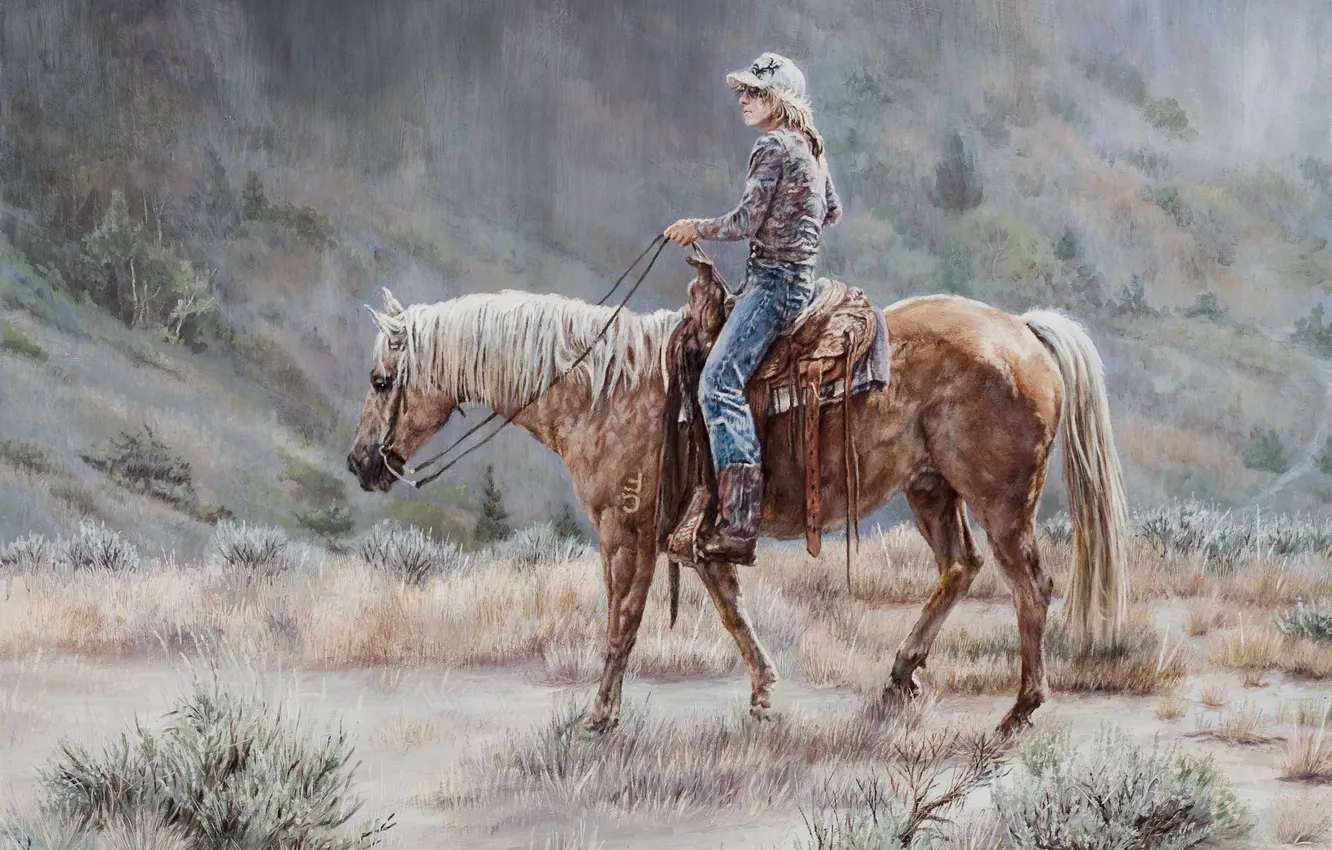 Photo wallpaper horse, slope, rider