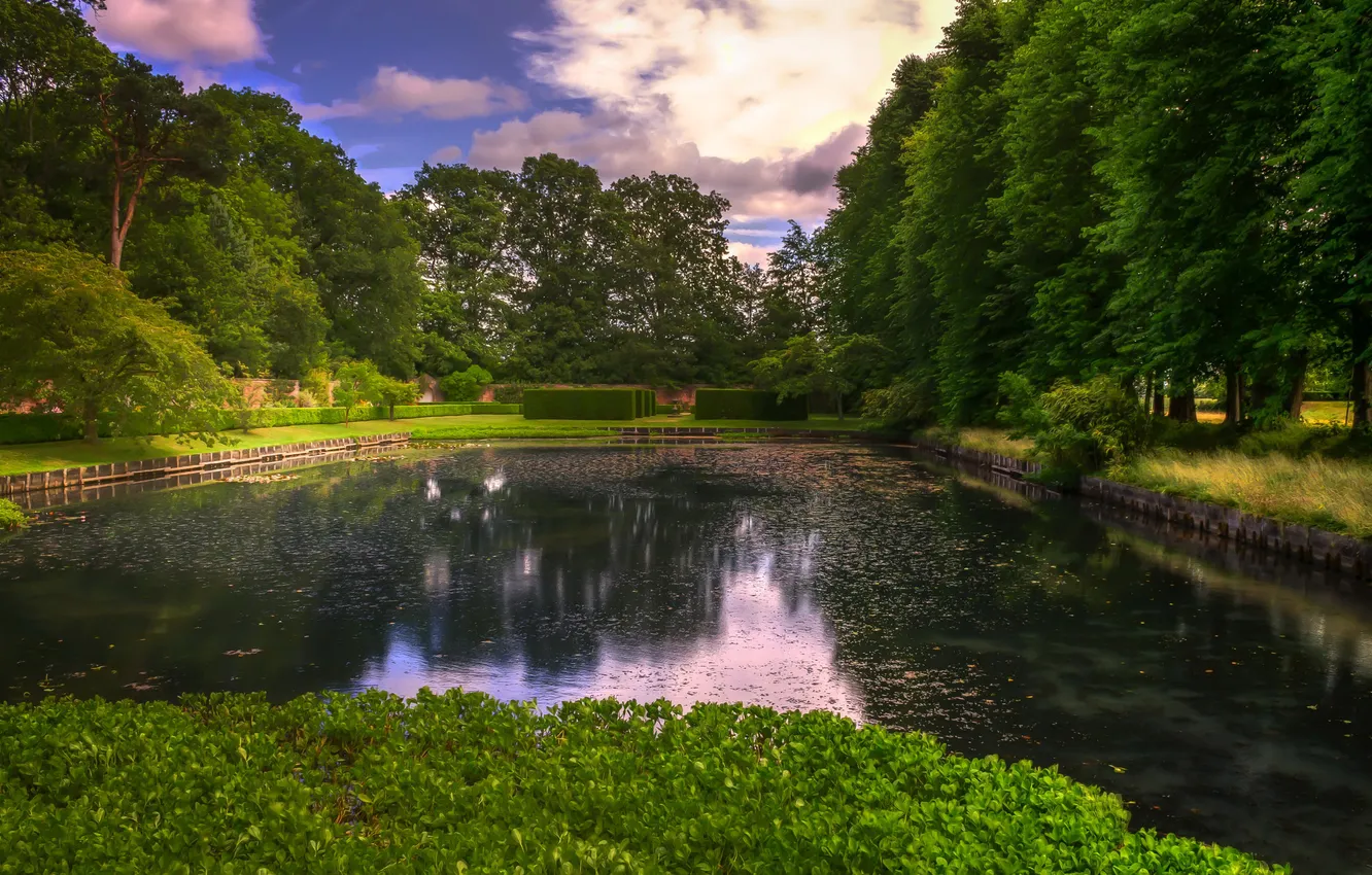 Photo wallpaper trees, design, pond, Park, lawn, UK, the bushes, Erddig Country Park