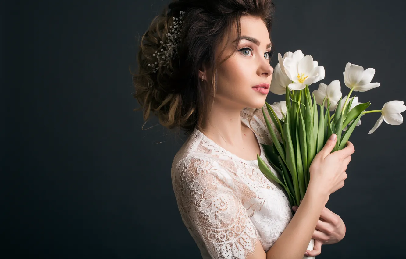 Photo wallpaper look, girl, flowers, pose, the dark background, white, portrait, bouquet
