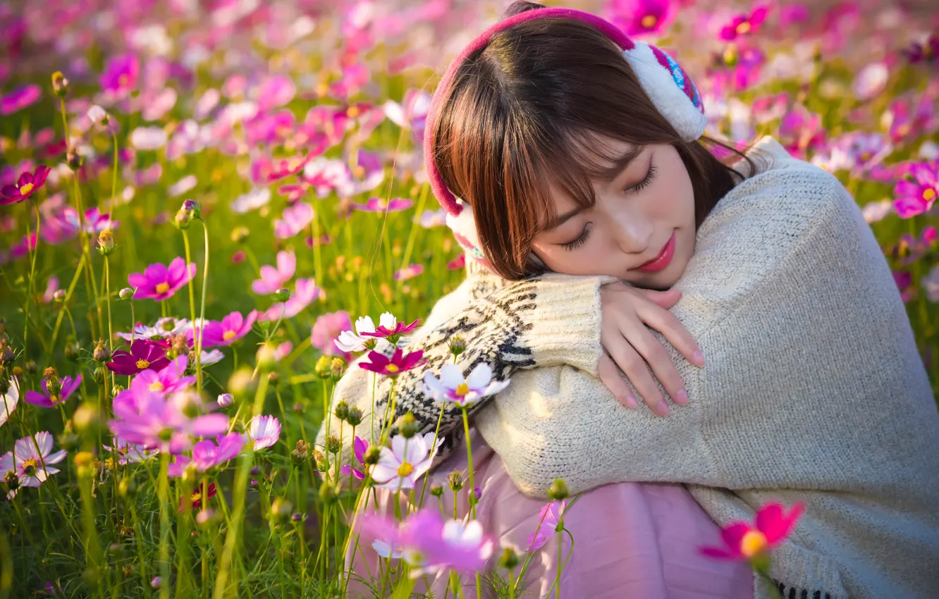 Photo wallpaper girl, flowers, background, petals