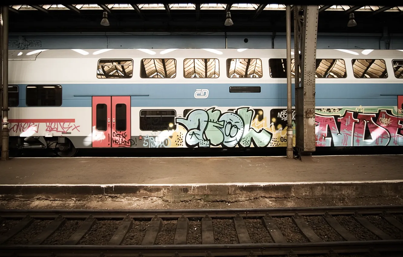 Photo wallpaper graffiti, cars, train