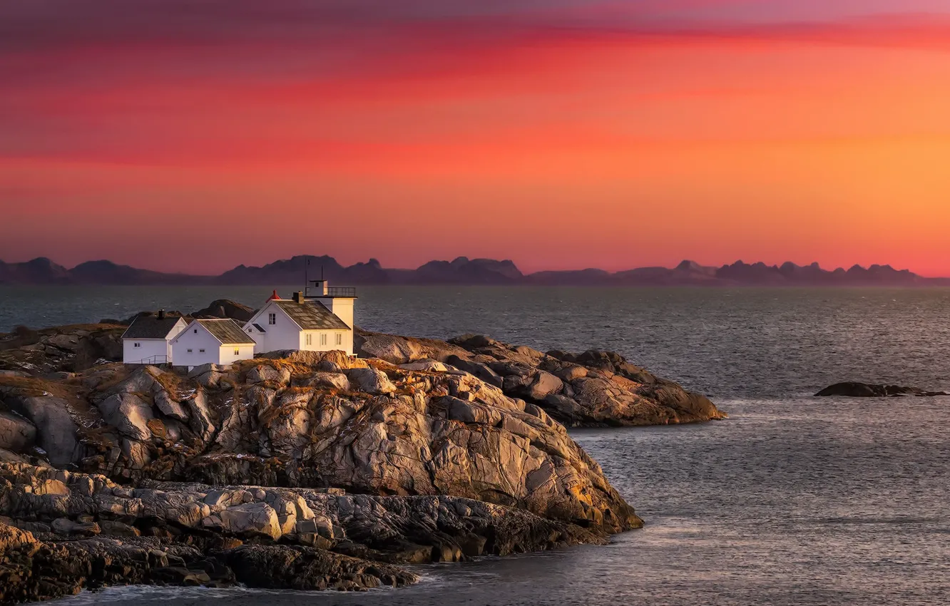 Photo wallpaper sea, sunset, shore, Norway, Nordland, Henningsvar