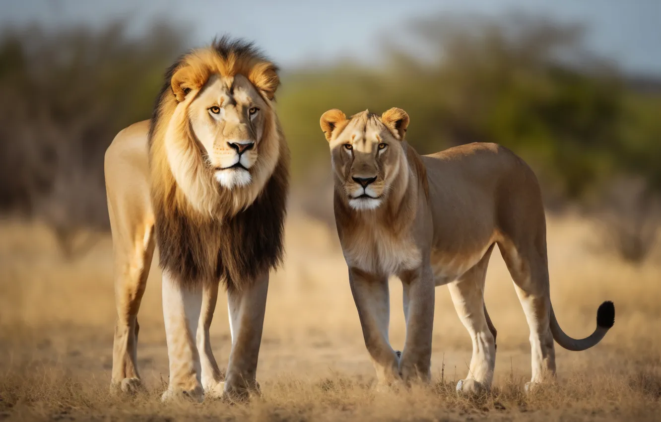 Photo wallpaper Leo, pair, lioness, digital art, AI art, The Art of Artificial Intelligence, neural network