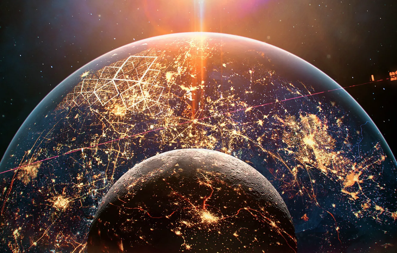 Photo wallpaper space, night, the city, glare, planet, satellite, lighting, space