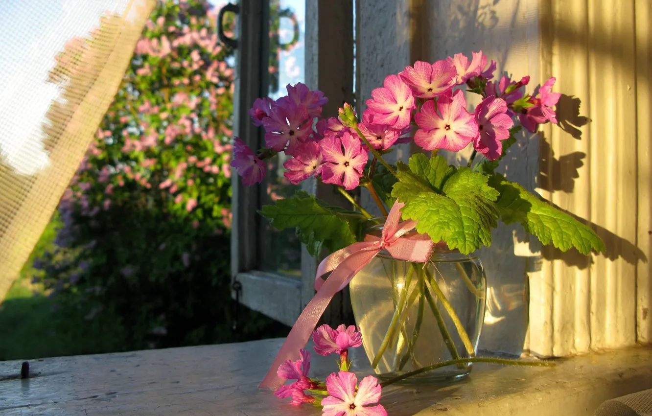 Photo wallpaper summer, flowers, window, curtains, vase