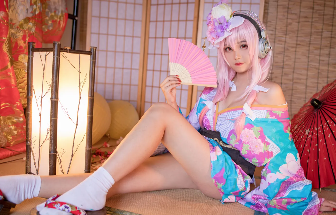 Photo wallpaper sexy, pose, woman, model, fan, neckline, legs, Asian