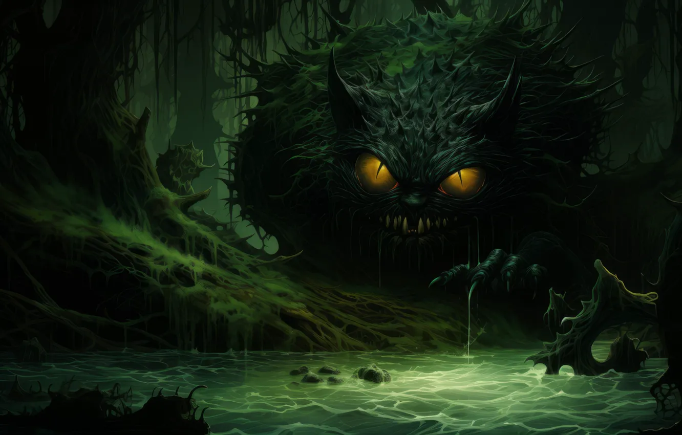 Photo wallpaper monster, mouth, claws, fangs, horror, monster, burning eyes, in the dark