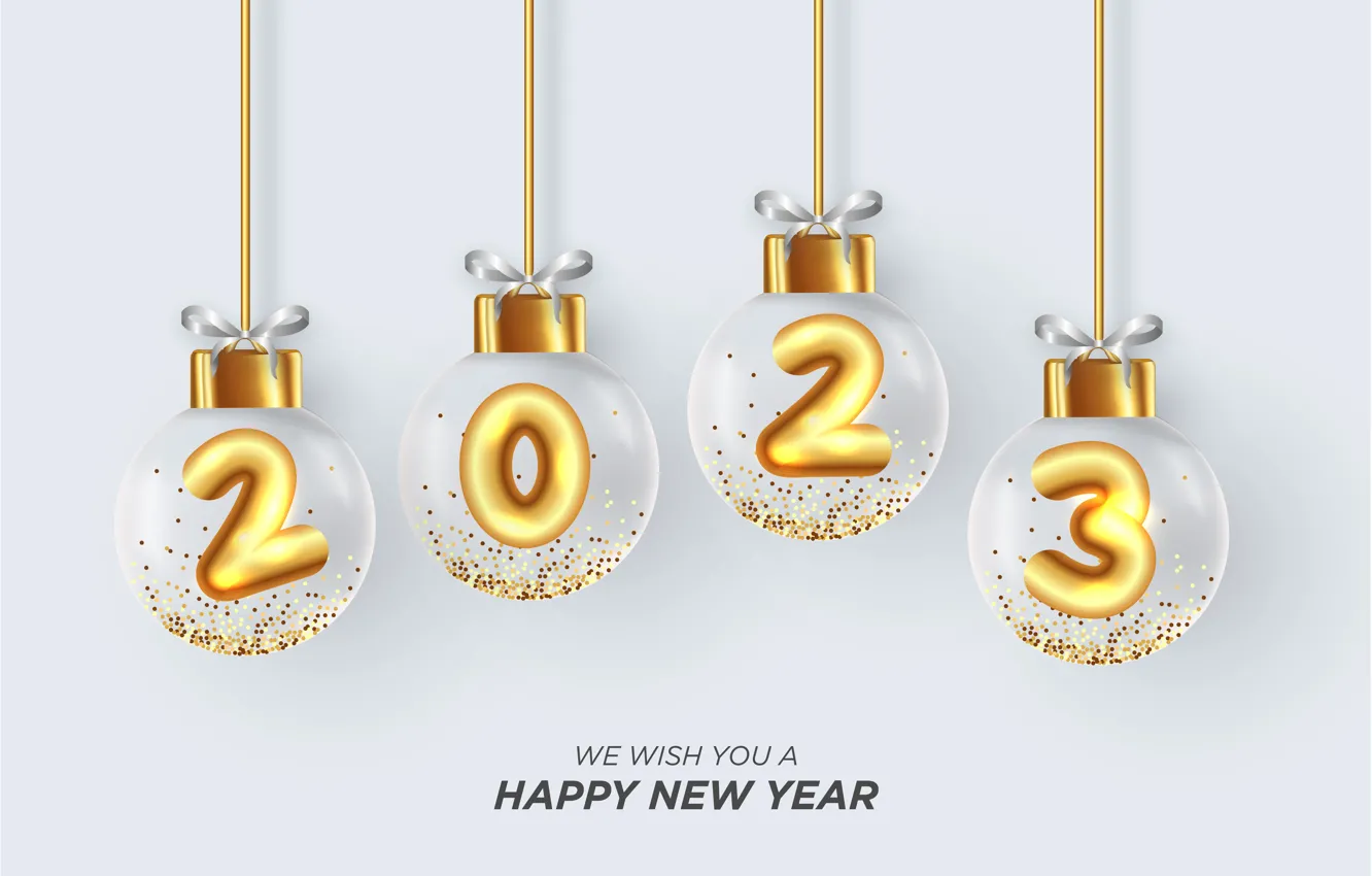 Photo wallpaper balls, the inscription, Shine, figures, transparent, white background, New year, gold plated