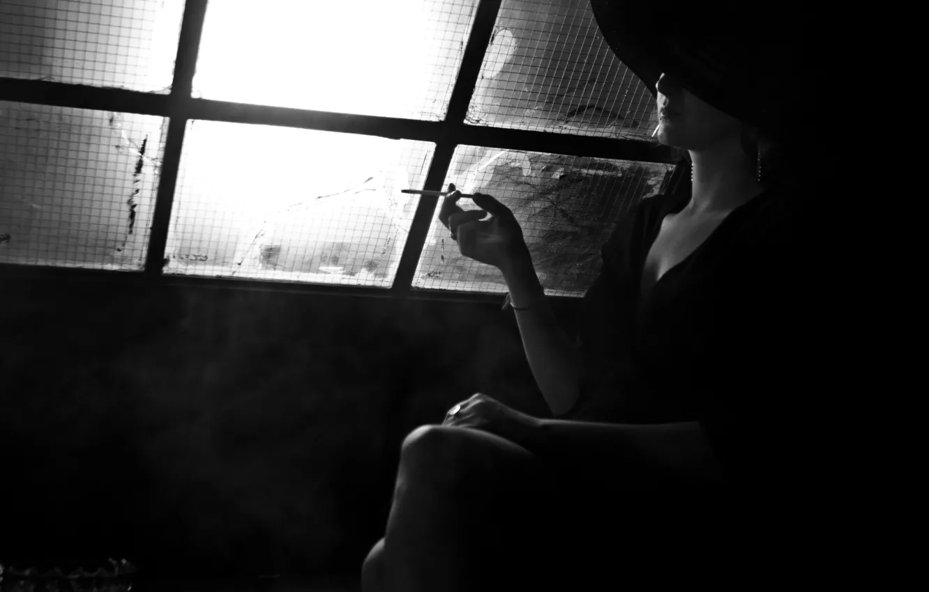 Photo wallpaper light, woman, smoke, black and white, window, cigarette, neckline, hat